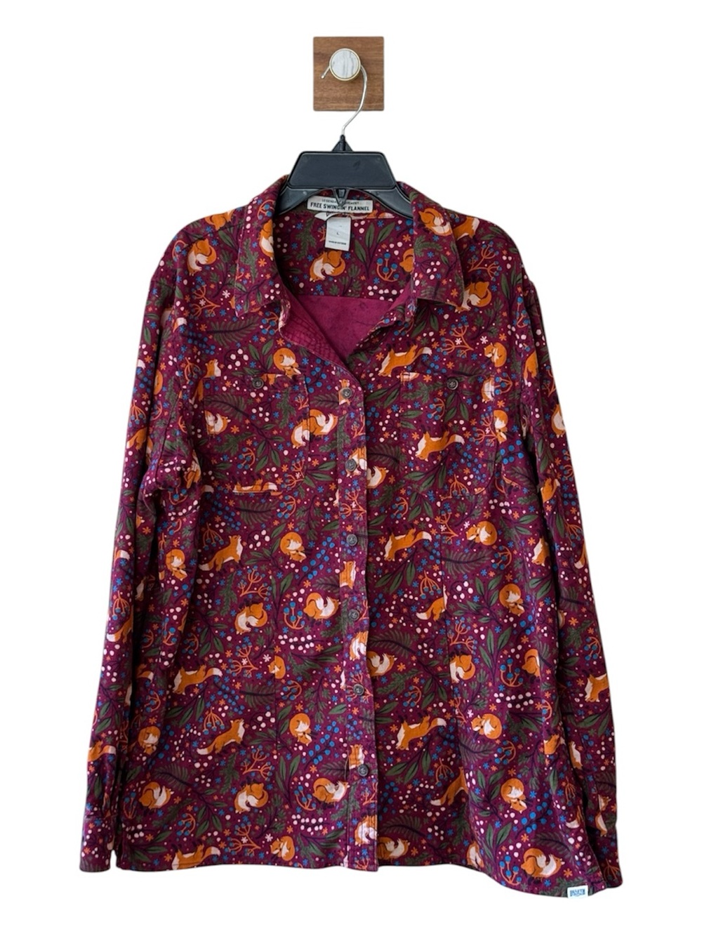 Duluth Trading Co Free Swingin’ Flannel Sangria Fox Print Whimsical Woodland Lg